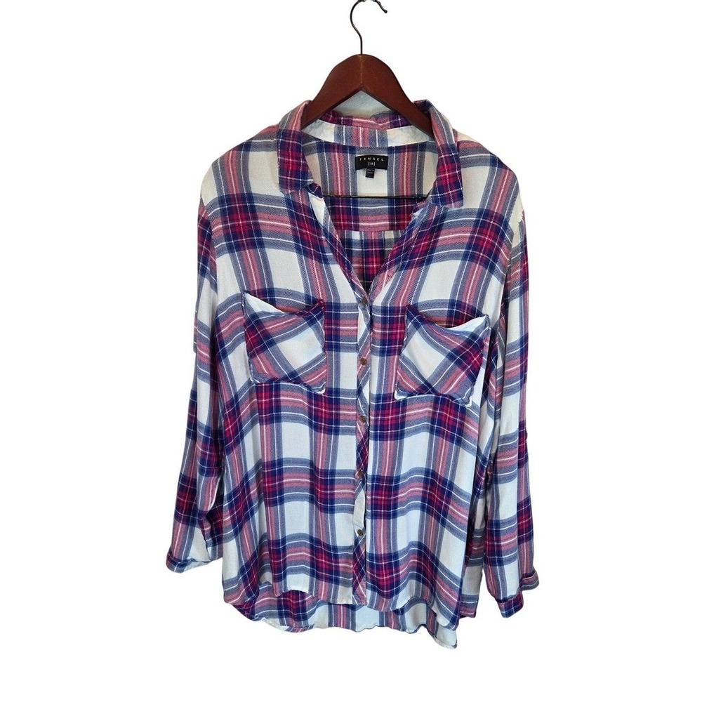 Tinsel Plaid Button Down Shirt Roll Tab Sleeve Pink Blue Casual Boho 2X